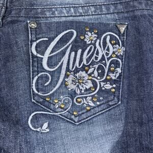 Y2K GUESS Daredevil Bootcut Jeans Women's Blue 26 00s Dark Wash Studs